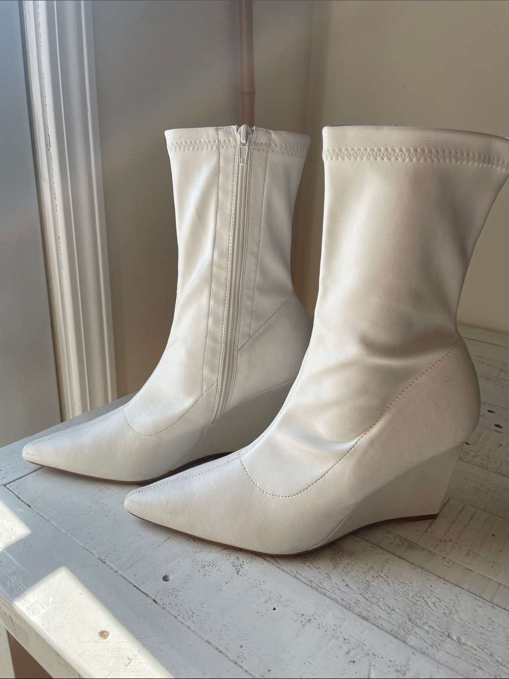 Lulu's White Pointed Wedge Ankle Boots